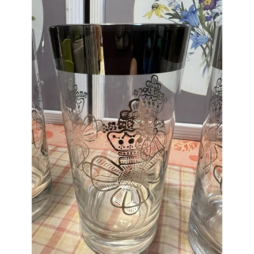 Vtg MCM Hollywood Regency Silver Trim Cross & Crown Bar Glasses Set of 4 Mad Men